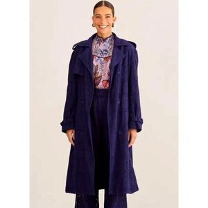 New FARM Rio Navy Blue Pineapple cotton eyelet trench coat size Medium